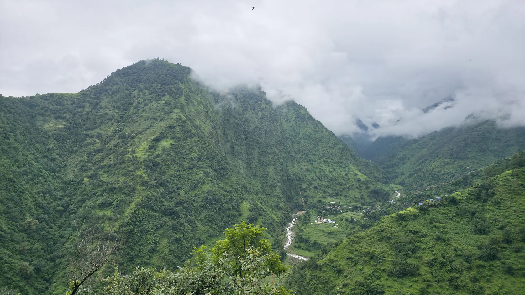 Cloud-covered green mountain valley at Upper Ghusban Khola in Rolpa District, Nepal